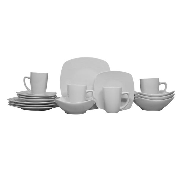 LMA Rounded Square Ceramic Dinnerware Set - Curvy Bowl - 16 Piece