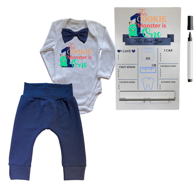 First Birthday Outfit-Long Sleeve &amp; Milestone sign-Cookie Monster