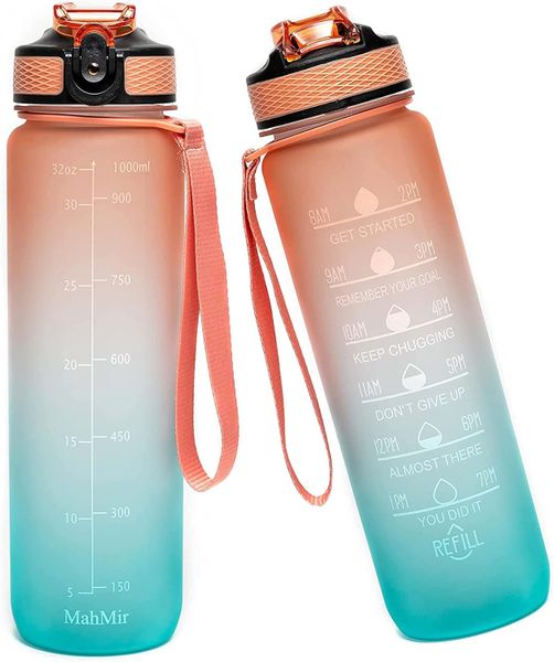 Sulfar Water Bottle 1L with Time Marker Straw Strainer Tritan BPA Free