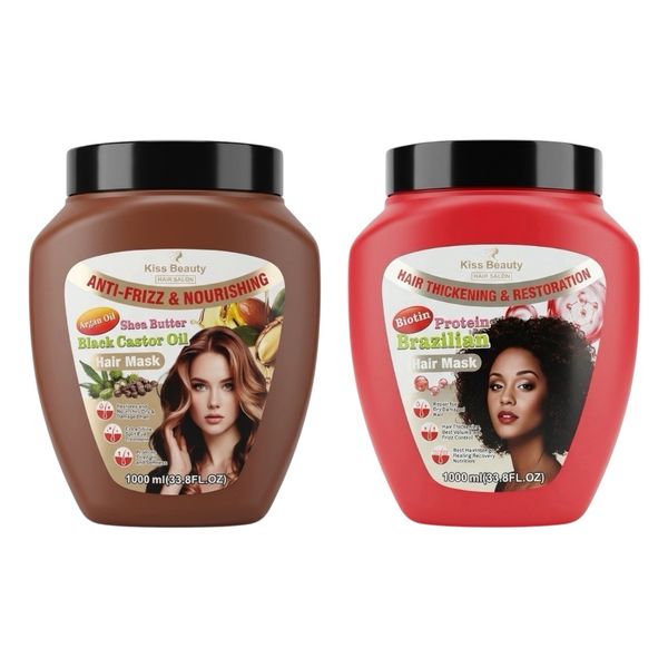 2 Pack-Kiss Beauty Biotin Brazilian Argan Black Castor Oil Hair Mask 1000ml