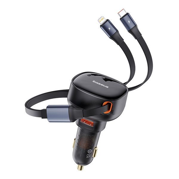 Baseus Enjoyment Pro 60W Car Charger: 70cm Retractable, Type-C &amp; iP Cable