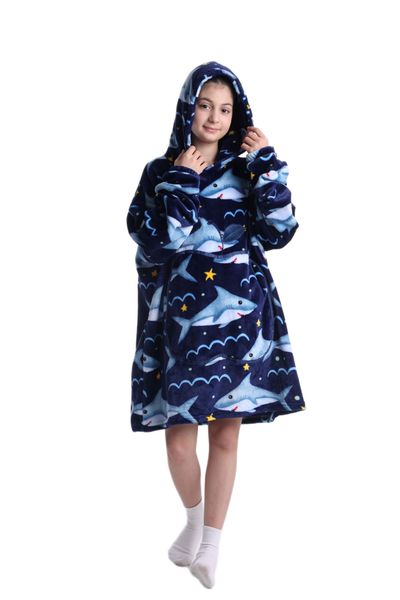 Iconix Kids Plush Oversized Blanket Hoodie with Sleeves - Navy Blue Shark