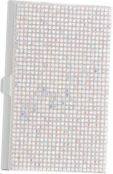 Silver Metal Business Card Holder Box with Rhinestones Portable Large