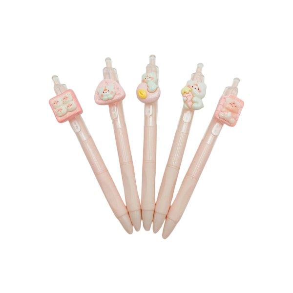 5 Pack - Quick-Drying 0.5mm Gel Pens With Bear Cartoon Charms - Pink