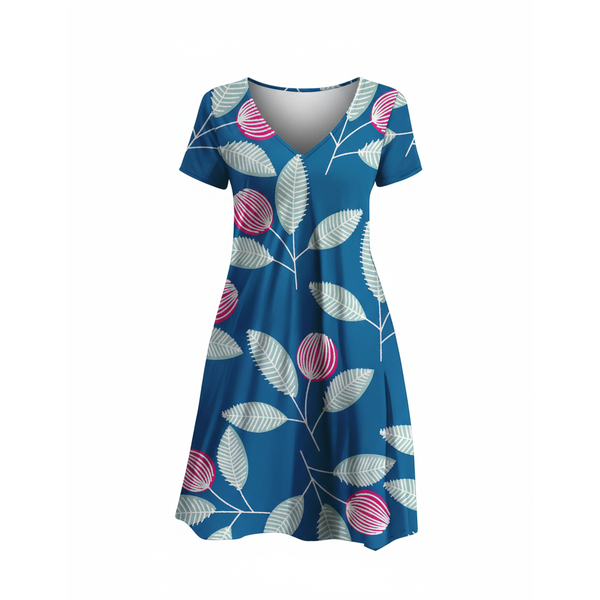 V-neck Loose Short Sleeve Dress - Blue