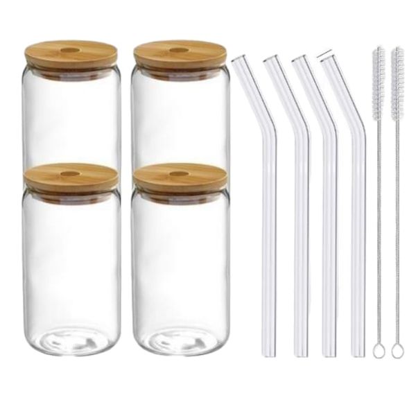 Pack of 4 Portable Drinking Glasses with Bamboo lids +Glass Straws - 480ml