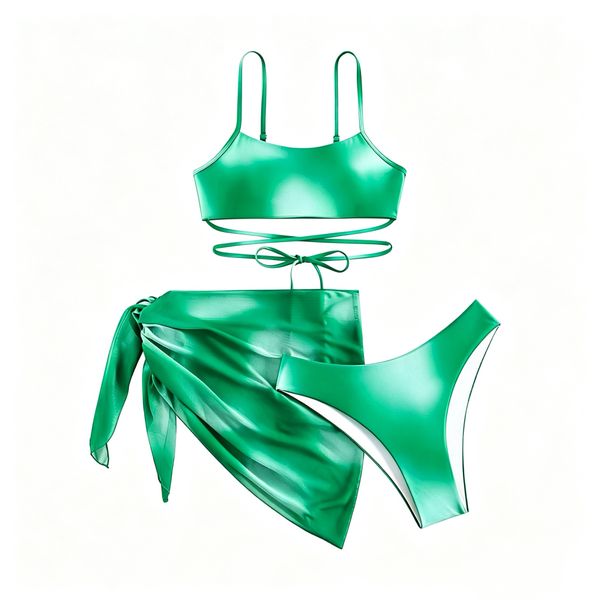 Green Bikini Set with Strap Design for Beach Vacation - 3-Piece
