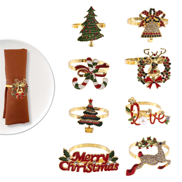 Christmas Napkin Rings - Set of 8 Napkin Holder Rings for Holiday