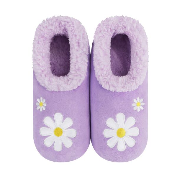 Snoozies Womens Fleece Slippers Daisy Purple - Soft Non-Skid Sole