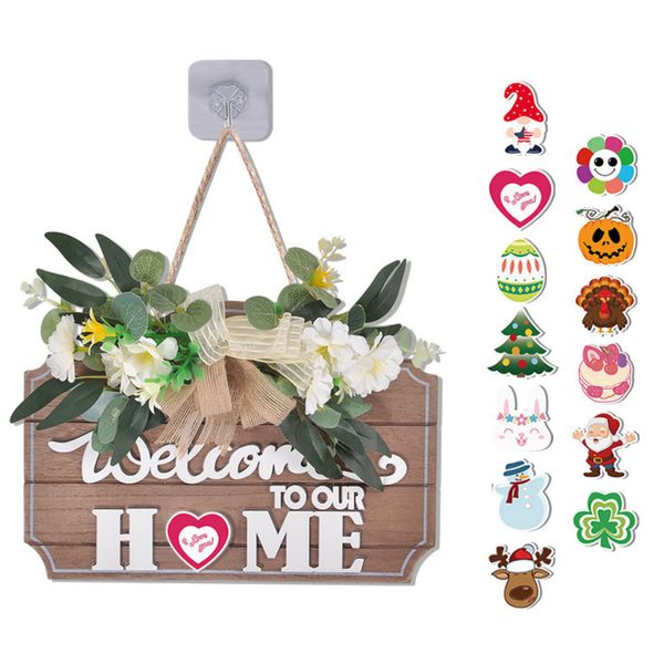 Wooden Welcome Home Sign Wall Hanging Craft with Flowers 14 Magnetic Pins