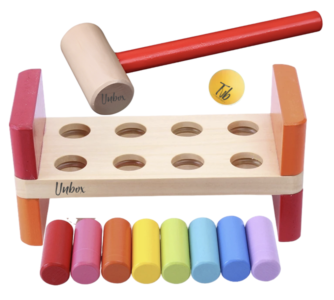Unbox Wooden Bench with Toy Hammering Mallet for Pounding Coloured Blocks