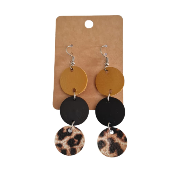 Stainless Steel, Leather Earrings - Mustard, Black &amp; Leopard 3 Tier