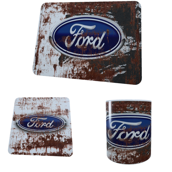 Ford Logo Vintage Rusted - Coffee Mug, Coaster and Mouse Pad Combo