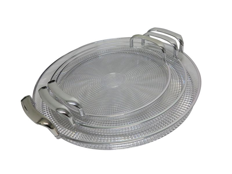 3 Piece Plastic Fruit Plate &amp; Serving Tray with Silver Trim - 27, 30 &amp; 37cm