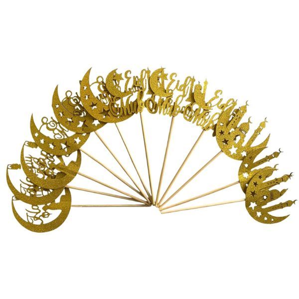 12 Pack Eid Mubarak Cupcake Toppers - Gold Cake Decorating -