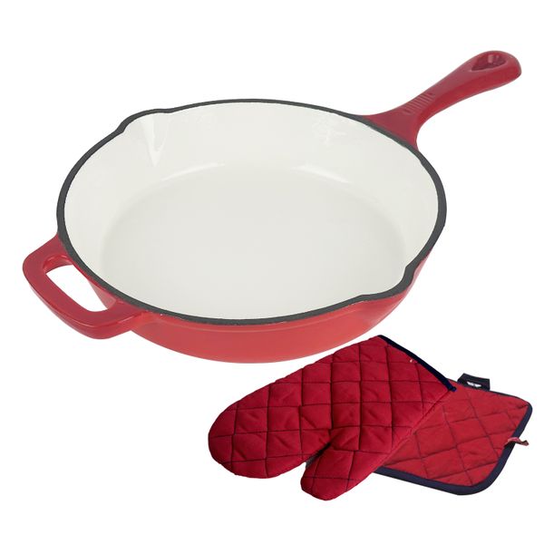 French Cast Iron Enamel Frypan Fry Pan with Free Gift Oven Glove - Red