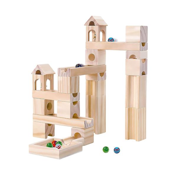 60 Pieces Wood Building Blocks Toy with Glass Marbles Construction Blocks