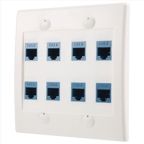 Ethernet Wall Plate 8 Port - Double Gang Cat6 Rj45 Keystone Jack Blue
