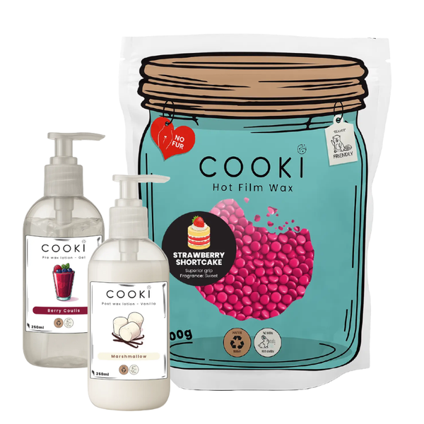 Cooki Strawberry Shortcake Hot Film Wax, Pre+Post Wax Lotion - Full Wax Kit