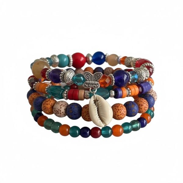 4-Piece Handmade Beaded Bracelet Set with Cowrie Shell