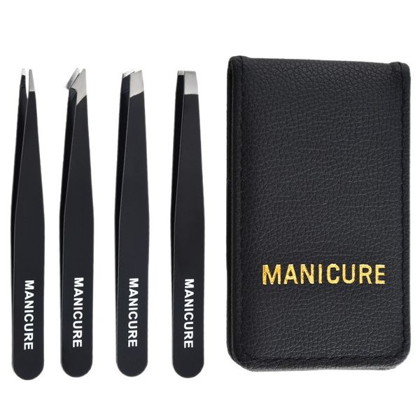 4-Piece Black Stainless Steel Tweezers Set - Precision for Lashes &amp; Brows