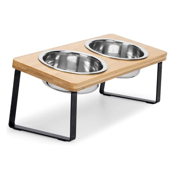 Ergonomic Elevated Bamboo Cat Feeding Station with 2 Stainless Steel Bowls