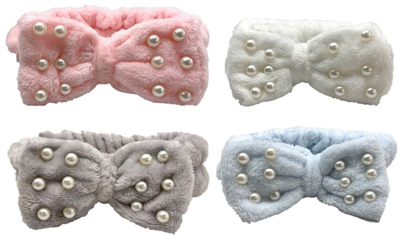 MXM Spa Bow Hair Styling Plush Headband With Pearls - 4 Pack - Multicolor