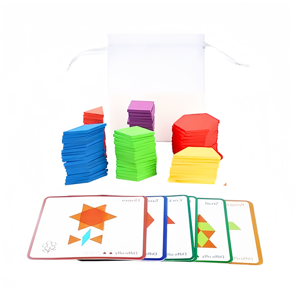 Wooden Pattern Blocks Puzzle 155 Pieces with 12 Double-Sided Design Cards
