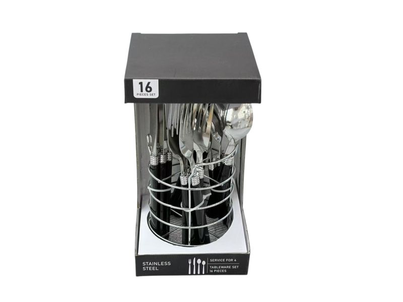16-Piece Stainless Steel Cutlery Set with Storage Holder - Black Handle