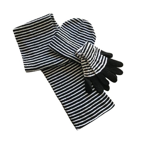 Scarf, Beanie &amp; Gloves Set - Black &amp; White