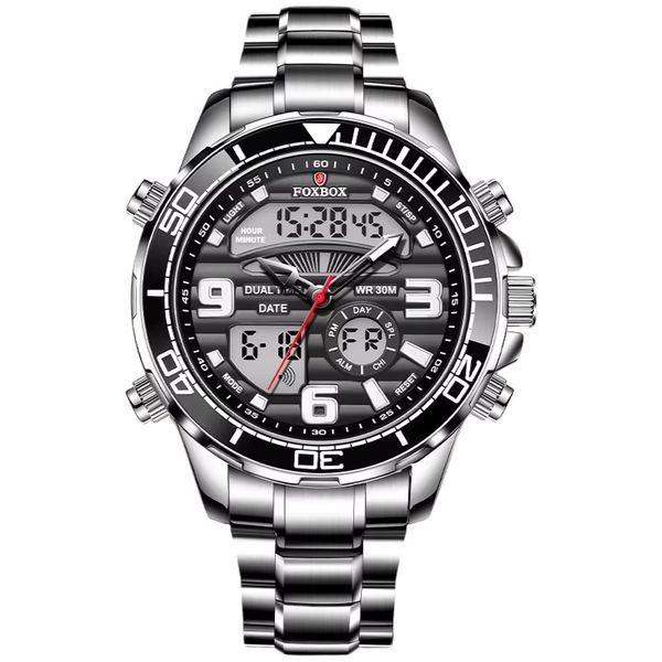 FOXBOX - Men's Watch With Luminous Display &amp; Mineral Glass Mirror - Silver