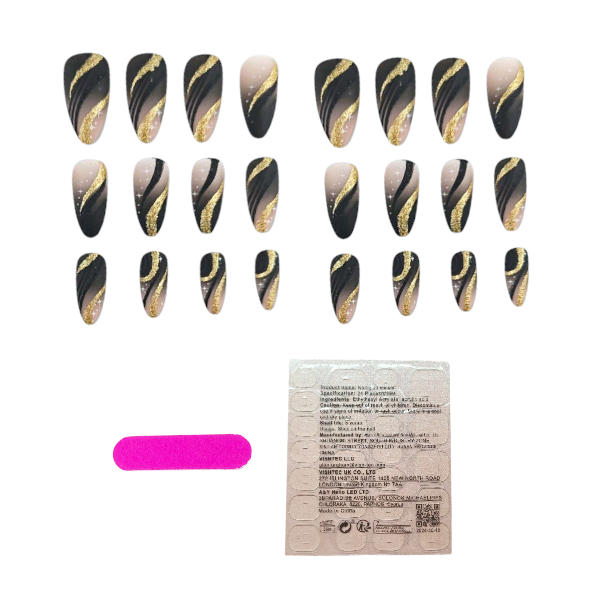 24 Piece Long Almond Shaped Ombre Glitter Press-On Nails - Gold/Black