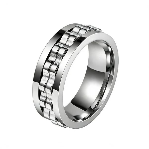 Mens High Polished Stainless Steel Spinner Wedding Ring Bands Silver