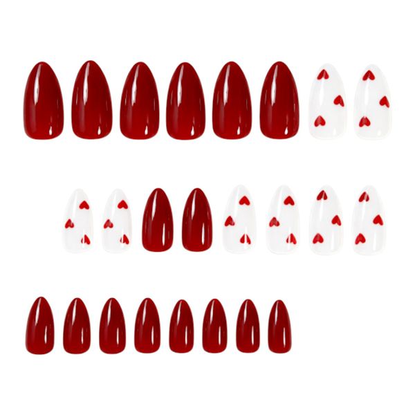 24-Piece Almond Press-On Nail Set - Red &amp; White Heart Design