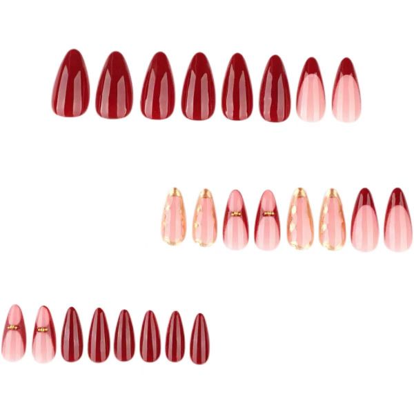 French Red Almond Shaped Manicure With False Nails