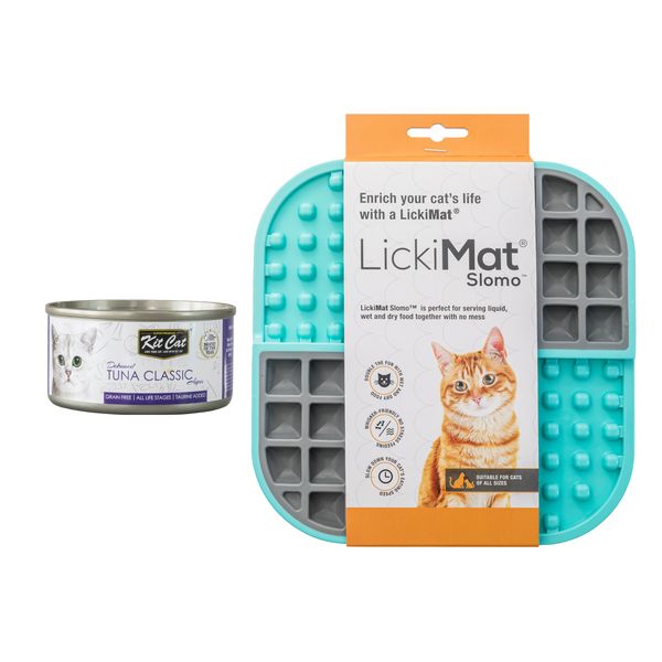 LickiMat Slomo Cat Turquoise plus kit cat tuna classic topper tin Bundle