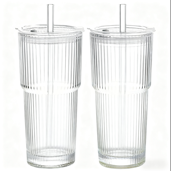 Glass Cups with Lids and Straws Vintage Ribbed Glassware-600ML 2 Pack