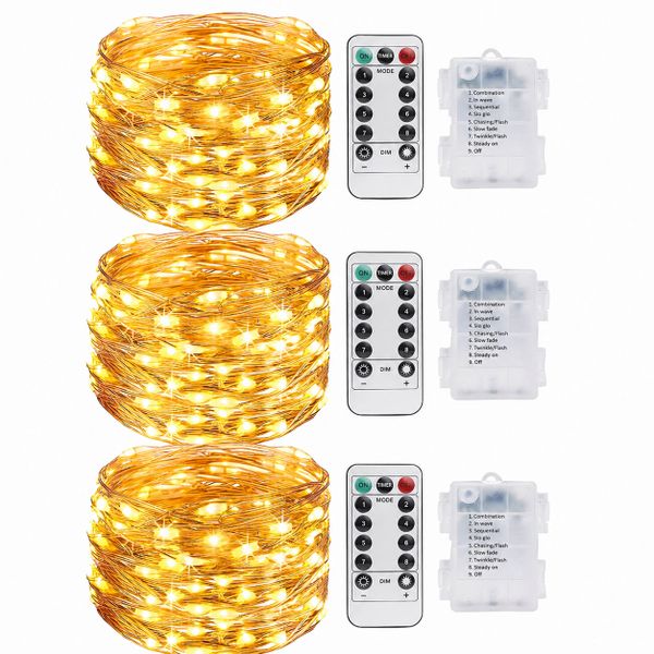 3-Pack Battery Powered Fairy String Lights, 10m Length with 100 LED Beads