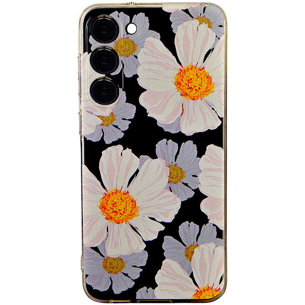 Clear Phone Case with White Painted Flowers compatible with Samsung S23+