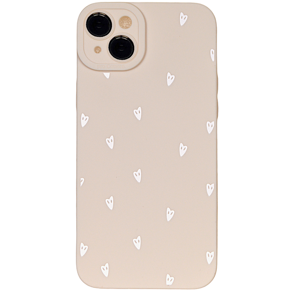Beige - Phone Case with Tiny White Hearts &amp; Pro Camera - Iphone 14 Plus