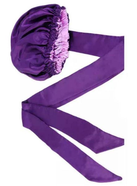 Purple Reversible Wrap Around Duchess Satin Bonnet Day and Night Cap
