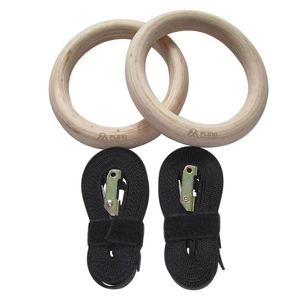 Flexi Muscles - Gymnastics Wooden Fitness Rings Adjustable Buckle Straps