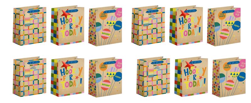 x12-Piece Khaki Mixed Style Birthday Design Gift Bags Set - 18 × 23 × 10cm.
