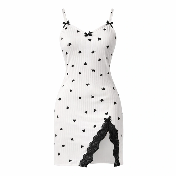 Lace Bow Suspender Nightgown - White And Black