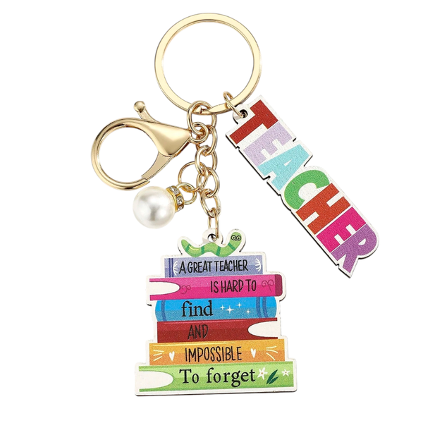 Teacher Appreciation Keychain With Pearl &amp; Book Stack Design - Multicolor