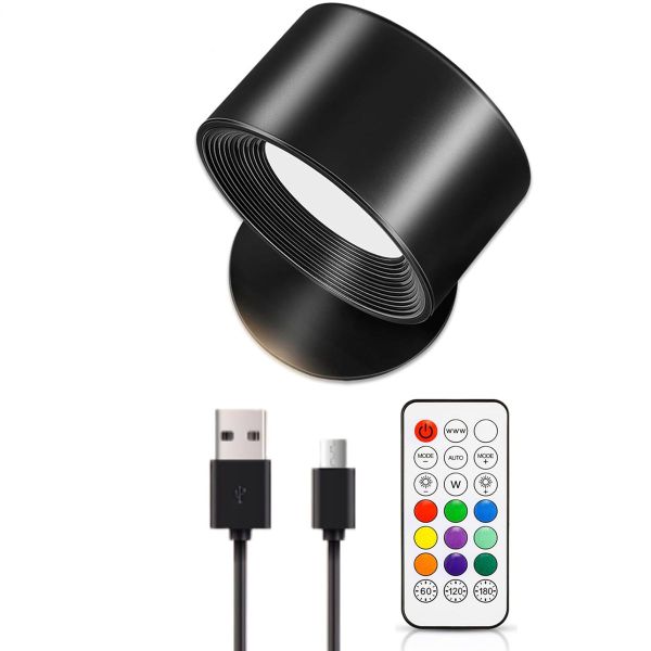 LED Rechargeable Wall Sconce, 3-Color Dimmable, Remote &amp; Touch, Black