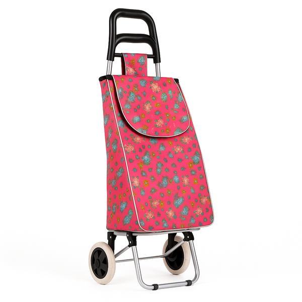 Portable Foldable Floral Shopping Trolley with Large Storage Bag - Pink