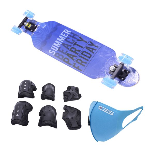 Skateboard 78x20cm Longboard - LED Wheels &amp; Protective Kit - Beach Party