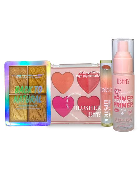 Makeup Set with Blush, Eyeshadow, Primer Spray &amp; Pink Luster Lipstick