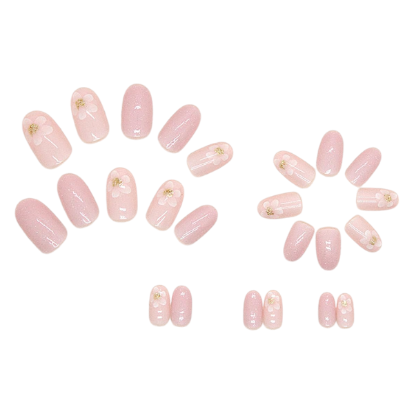 24pcs Short Oval Glitter With Flower Accent Press-On Nails - Pink